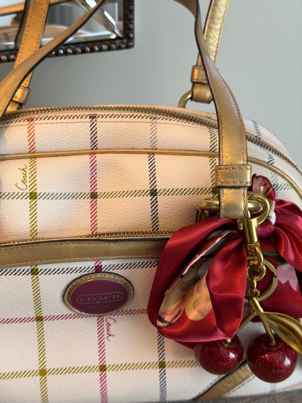 Coach White Plaid Satchel with Gold Straps and Red Charm - Picture 7 of 9